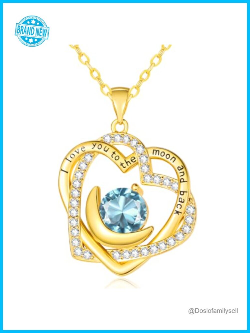 14K Gold Plated Double Heart Moon Pendant Necklace Cubic Zirconia